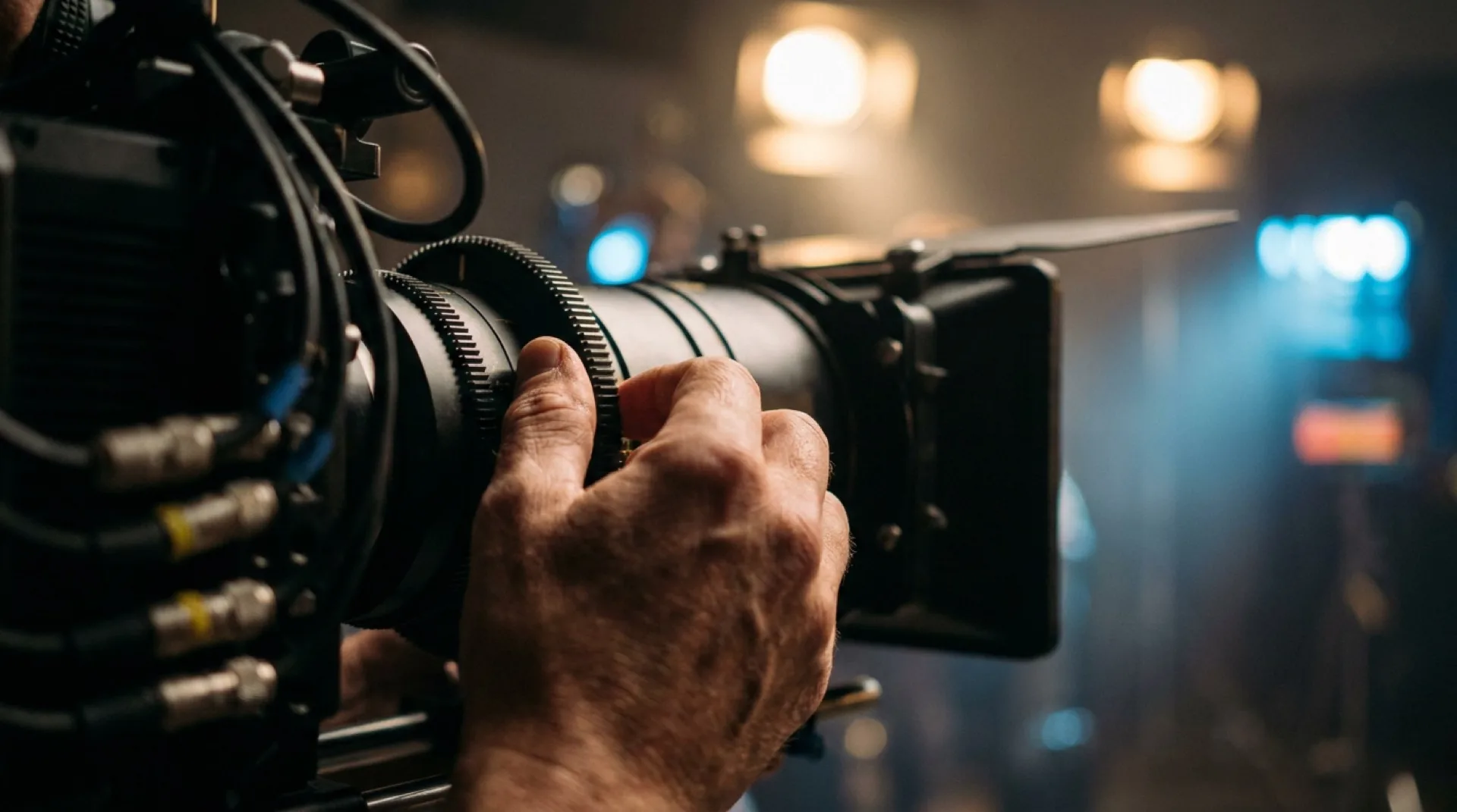 A cinematographer’s hands pulling focus on a cinema lens