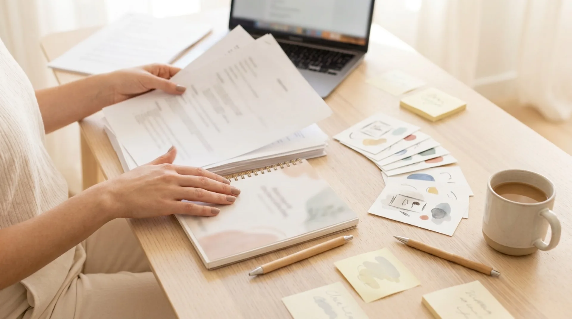 A production desk covered in schedule pages and storyboards